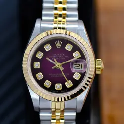 ~ROLEX LADY DATEJUST  18KY GOLD & STEEL WATCH PURPLE DIAMOND DIAL FLUTED 26MM