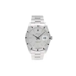 ROLEX DATE 15010 34MM SILVER INDEX DIAL ENGINE-TURNED BEZEL & OYSTER BAND