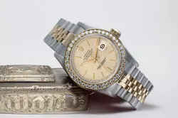 ROLEX DATEJUST 31 MM HOUNDSTOOTH DIAL TWO TONE LADIES WATCH DIAMOND BEZEL