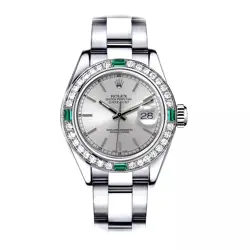 31 MM ROLEX DATEJUST SILVER INDEX DIAL WITH DIAMONDS & EMERALDS STEEL WATCH