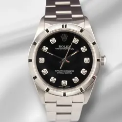 ROLEX 34MM OYSTER PERPETUAL BLACK DIAMOND DIAL ENGINE TURNED STEEL WATCH 14000
