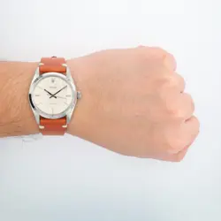 Rolex Oyster 6426 34mm Silver Linen Index(7+3) Dial Smooth Bezel Leather Band