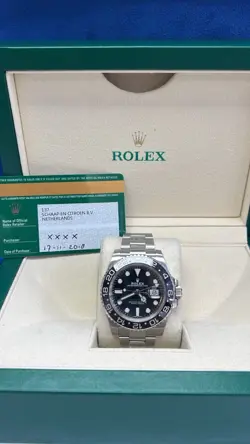 ROLEX GMT-MASTER II 116710LN SILVER OYSTER BRACELET WITH BLACK BEZEL BOX & CARD