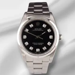 ROLEX 34MM OYSTER PERPETUAL BLACK DIAMOND DIAL STAINLESS STEEL WATCH 14000