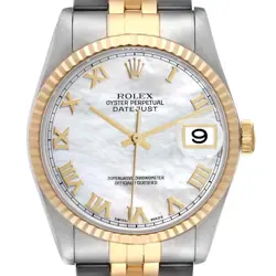 ROLEX DATEJUST 36 STEEL YELLOW GOLD MOP ROMAN DIAL MENS WATCH 16233