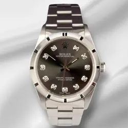 ROLEX 34MM OYSTER PERPETUAL GREY DIAMOND DIAL ENGINE TURNED STEEL WATCH 14000