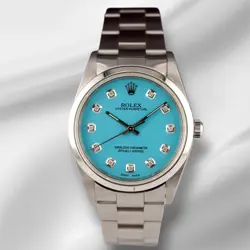 ROLEX 34MM OYSTER PERPETUAL BABY BLUE DIAMOND DIAL STAINLESS STEEL WATCH 14000