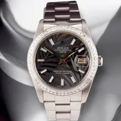 ROLEX DATE 34MM LADIES 1CT GREY PALM DIAL STEEL OYSTER WATCH 15000