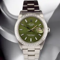 ROLEX DATE 34MM LADIES 1CT GREEN MOTIF DIAL STEEL OYSTER WATCH 15000