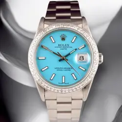 ROLEX DATE 34MM LADIES 1CT BABY BLUE DIAL STEEL OYSTER WATCH 15000