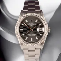 ROLEX DATE 34MM LADIES 1CT PRONG GREY MOTIF DIAMOND DIAL STEEL WATCH 15000