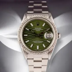 ROLEX DATE 34MM LADIES 1CT PRONG DIAMONDS GREEN MOTIF DIAL STEEL WATCH 15000