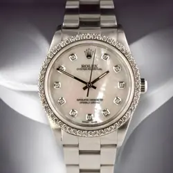 ROLEX DATE 34MM LADIES 1CT PRONG DIAMONDS WHITE MOP DIAL STEEL WATCH 15000