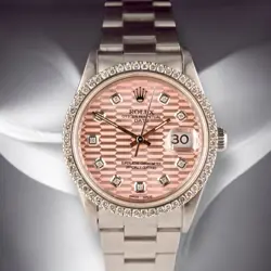 ROLEX DATE 34MM LADIES 1CT PRONG PINK MOTIF DIAMOND DIAL STEEL WATCH 15000