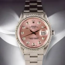 ROLEX DATE 34MM LADIES 1CT PRONG DIAMONDS PINK DIAL STEEL WATCH 15000