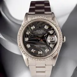 ROLEX DATE 34MM LADIES 1CT PRONG GREY PALM DIAMOND DIAL STEEL WATCH 15000
