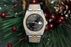 ROLEX DATEJUST 36 MM BLACK SUNDUST ROMAN DIAL WITH DIAMOND BEZEL TWO TONE WATCH
