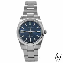 ROLEX OYSTER PERPETUAL STAINLESS STEEL 34MM BLUE STICK DIAL WATCH 124200