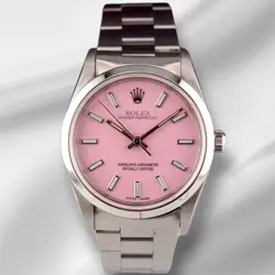 ROLEX 34MM OYSTER PERPETUAL PINK DIAL STAINLESS STEEL WATCH 14000