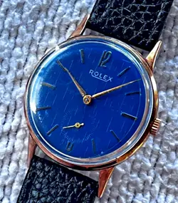 EARLY COLLECTIBLE ROLEX 18K GF FULL TEXTURED BLUE DIAL WINDUP WATCH SERVICED