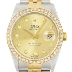 ROLEX MENS DATEJUST 16233 18K GOLD & STEEL TWO TONE CHAMPAGNE DIAL DIAMOND WATCH