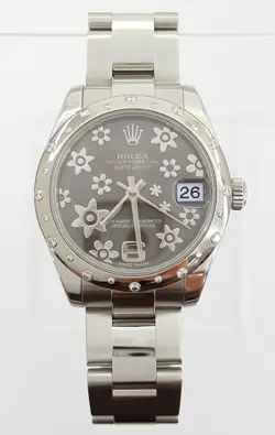 Rolex DateJust 178344 31 mm Floral Rhodium Dial Factory Diamond Bezel Box Card