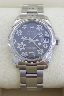 Rolex DateJust 178344 31 mm Floral Rhodium Dial Factory Diamond Bezel Box Card