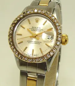 VINTAGE ROLEX 26mm WOMENs 14K & SS 6517 AUTOMATIC DATEJUST DIAMOND BEZEL c. 1964