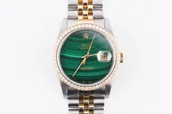 ROLEX DATEJUST 16233 YELLOW GOLD DIAMOND BEZEL CUSTOM MALACHITE DIAL 36MM
