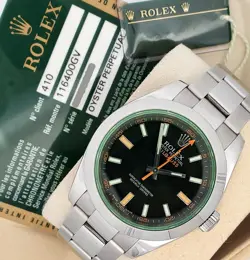 ROLEX MILGAUSS 40MM 116400GV GREEN CRYSTAL STEEL WATCH BOX PAPERS