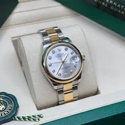 Rolex Datejust 31 Rhodium Pave 6 Diamond Dial Two Tone Yellow Gold Smooth Bezel