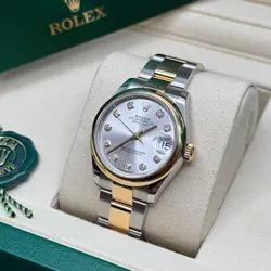 Rolex Datejust 31 Rhodium Pave 6 Diamond Dial Two Tone Yellow Gold Smooth Bezel