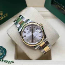 Rolex Datejust 31 Rhodium Pave 6 Diamond Dial Two Tone Yellow Gold Smooth Bezel