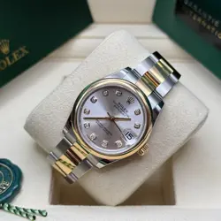 Rolex Datejust 31 Rhodium Pave 6 Diamond Dial Two Tone Yellow Gold Smooth Bezel