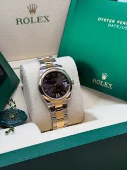 Rolex Datejust 31 Rhodium Pave 6 Diamond Dial Two Tone Yellow Gold Smooth Bezel