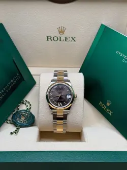 Rolex Datejust 31 Rhodium Pave 6 Diamond Dial Two Tone Yellow Gold Smooth Bezel