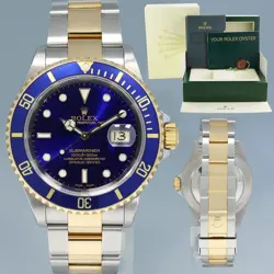 MINT 2002 ROLEX SUBMARINER 16613 GOLD STEEL TWO TONE GOLD BUCKLE SUNBURST BLUE