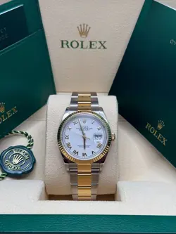ROLEX DATEJUST 36 WHITE ROMAN DIAL TWO TONE YELLOW GOLD OYSTER BRACELET FLUTED