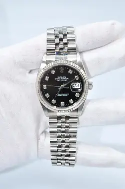 MENS ROLEX DATEJUST 16234 BLACK FACTORY DIAMOND DIAL 18K WHITE GOLD STEEL WATCH