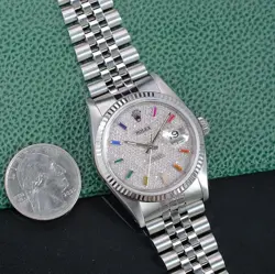 ~ROLEX MENS DATEJUST 16234 18KW & SS RAINBOW PAVE DIAL 1 CTS FLUTED 36MM WATCH