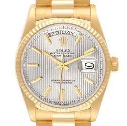 ROLEX PRESIDENT DAY-DATE YELLOW GOLD SILVER TAPESTRY DIAL WATCH 18038