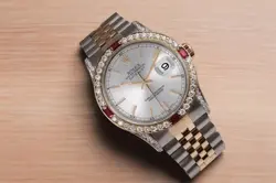 ROLEX DATEJUST 36 MM SILVER INDEX DIAL TWO TONE WATCH DIAMOND & RUBY BEZEL