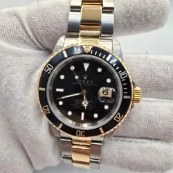 ROLEX SUBMARINER DATE BLACK 18K YELLOW GOLD STAINLESS STEEL 40MM WATCH 16613