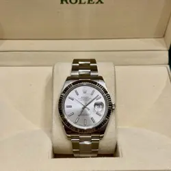ROLEX DATEJUST 126334 SILVER DIAL OYSTER BRACELET WITH GOLD FLUTED BEZEL
