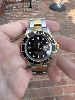 2003 ROLEX SUBMARINER 18K YELLOW GOLD STEEL TWO TONE BLACK DIAL 40MM WATCH 16613