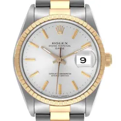 ROLEX DATE STEEL YELLOW GOLD SILVER DIAL MENS WATCH 15223