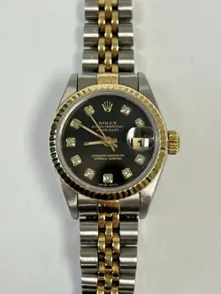 ROLEX OP DATEJUST STEEL & 18K GOLD BLACK DIAMOND DIAL 26MM AUTOMATIC WATCH 69173