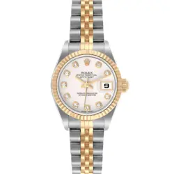 ROLEX DATE WHITE DIAMOND DIAL STEEL YELLOW GOLD LADIES WATCH 69173 BOX PAPERS