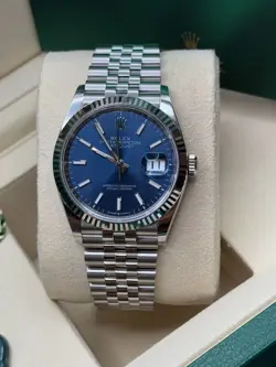 ROLEX DATEJUST 36 NEW 2025 BLUE INDEX DIAL STAINLESS STEEL FLUTED BEZEL JUBILEE