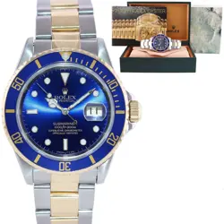 MINT ROLEX SUBMARINER 16613 LB GOLD STEEL TWO TONE YELLOW GOLD BLUE SUNBURST